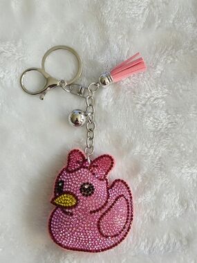 Pink Rhinestone Rubber Duck Keychain with Tassel Bling Bag Charm